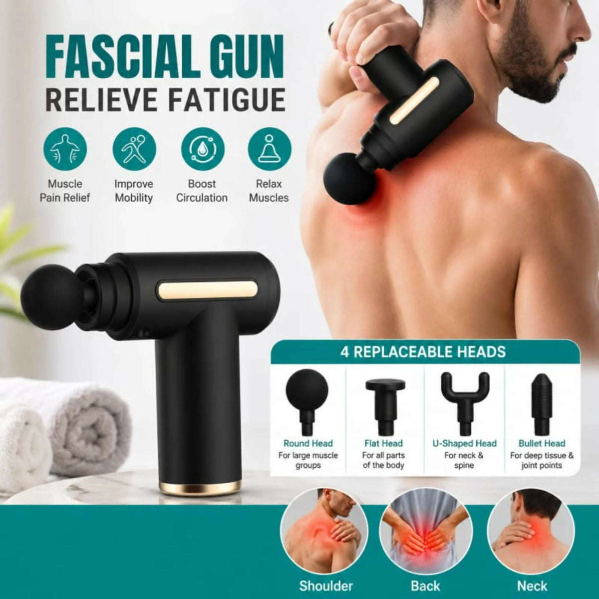 4-in-1 Massage Gun with 5 Speed Modes – Rechargeable Muscle Massager for Neck, Feet & Body