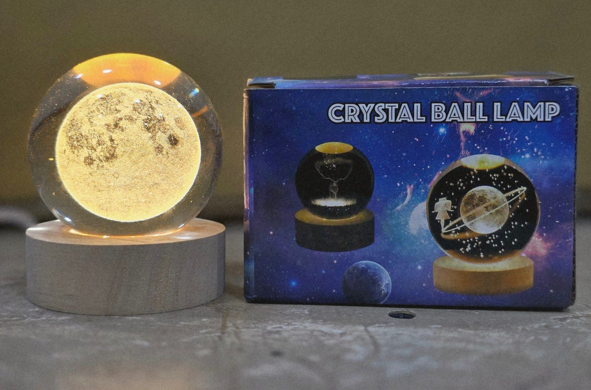 Glowing Crystal Moon Ball Lamp with LED Wooden Base – Decorative Night Light for Bedroom & Home