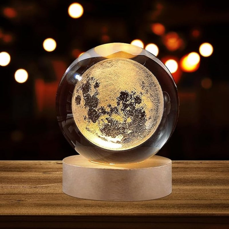 Glowing Crystal Moon Ball Lamp with LED Wooden Base – Decorative Night Light for Bedroom & Home