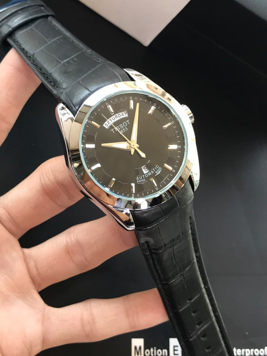 Tissot Men's Black Watch with Leather Strap – Classic Automatic Style Wristwatch
