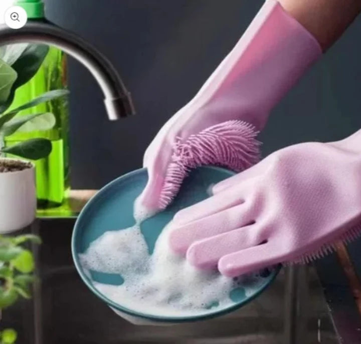 Reusable Silicone Dishwashing Gloves – Kitchen Cleaning Scrubber Gloves, 1 Pair (Random Color)