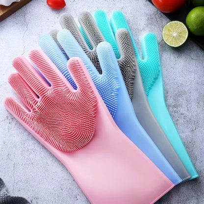 Reusable Silicone Dishwashing Gloves – Kitchen Cleaning Scrubber Gloves, 1 Pair (Random Color)